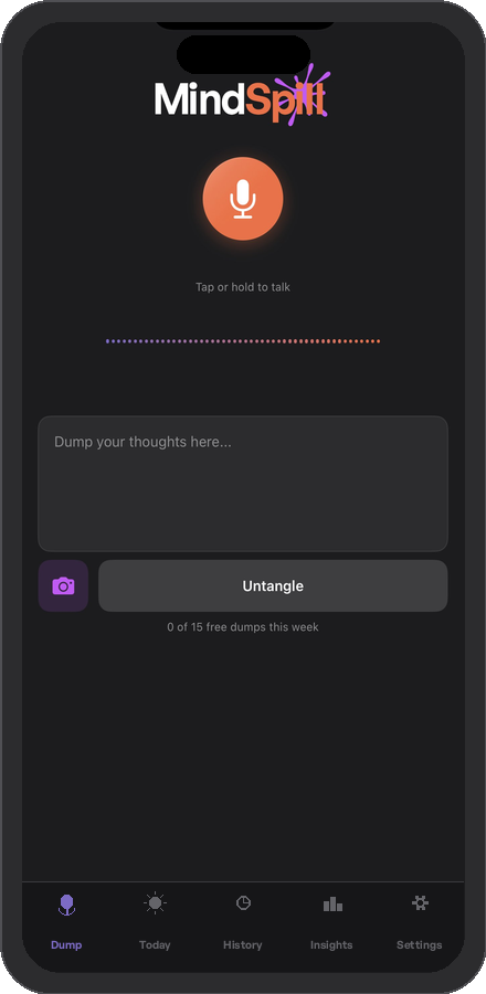 MindSpill app showing brain dump screen